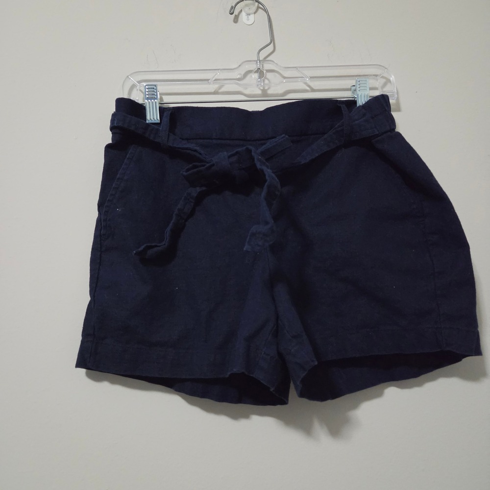 J.Crew Navy Blue Linen Cotton Tie‎ Waist Shorts Womens Size 8 Paperbag Waist
